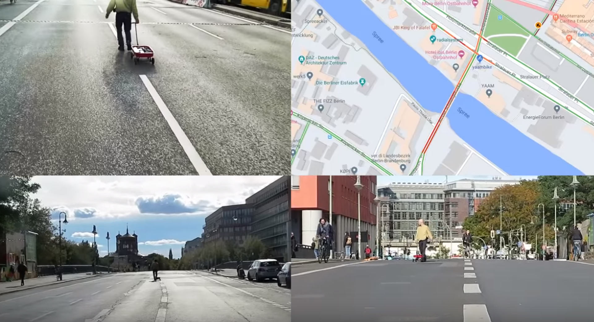 A four-panel collage from Simon Weckert's Google Maps Hacks: top-left shows a person pulling a handcart full of smartphones down an empty Berlin street, top-right shows a Google Maps view with red traffic indicators on the same street, and the bottom panels show wide views of the quiet, car-free Berlin street.